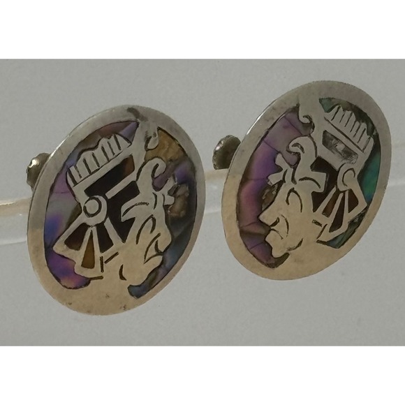 RARE Aztec Mayan Head Abalone Sterling Taxco Pair Screw Earrings 1970's - Picture 2 of 6